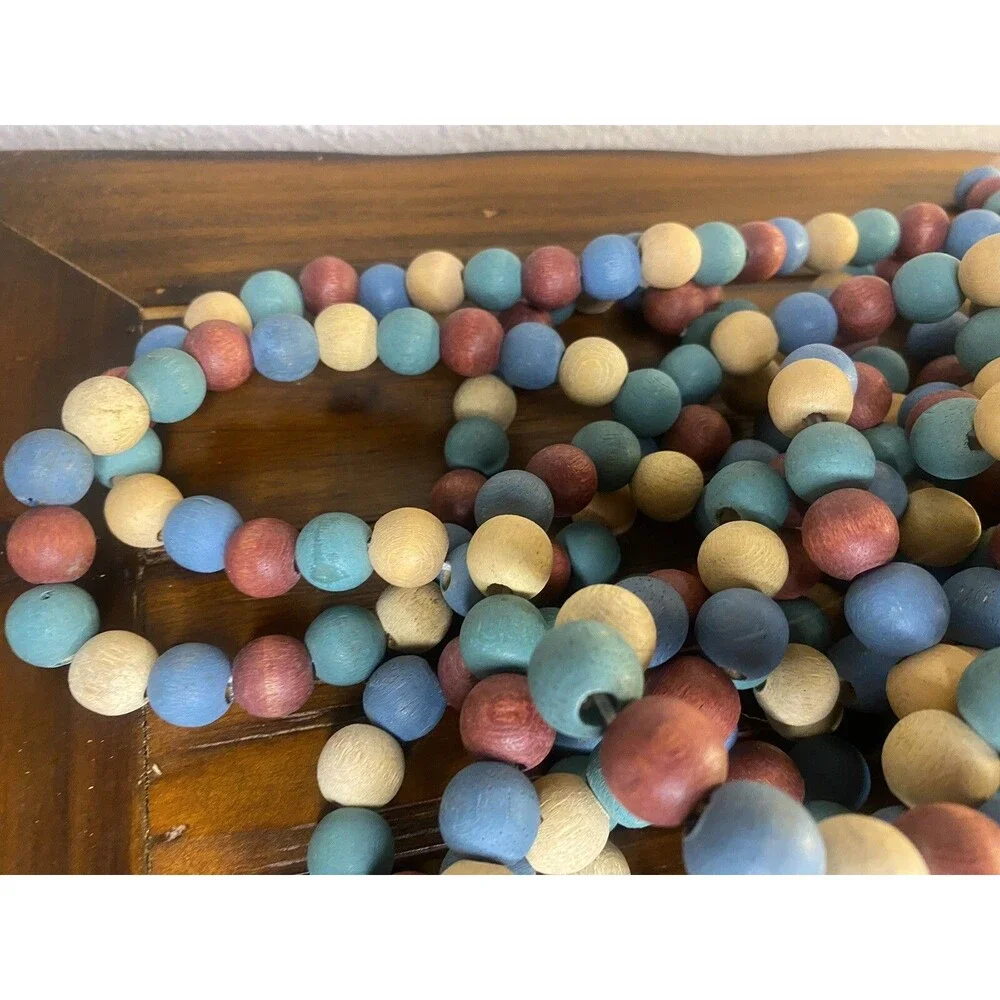 Christmas Wooden Bead Garland Primitive Rustic 4 Strands 8’ Holiday Tree Decor